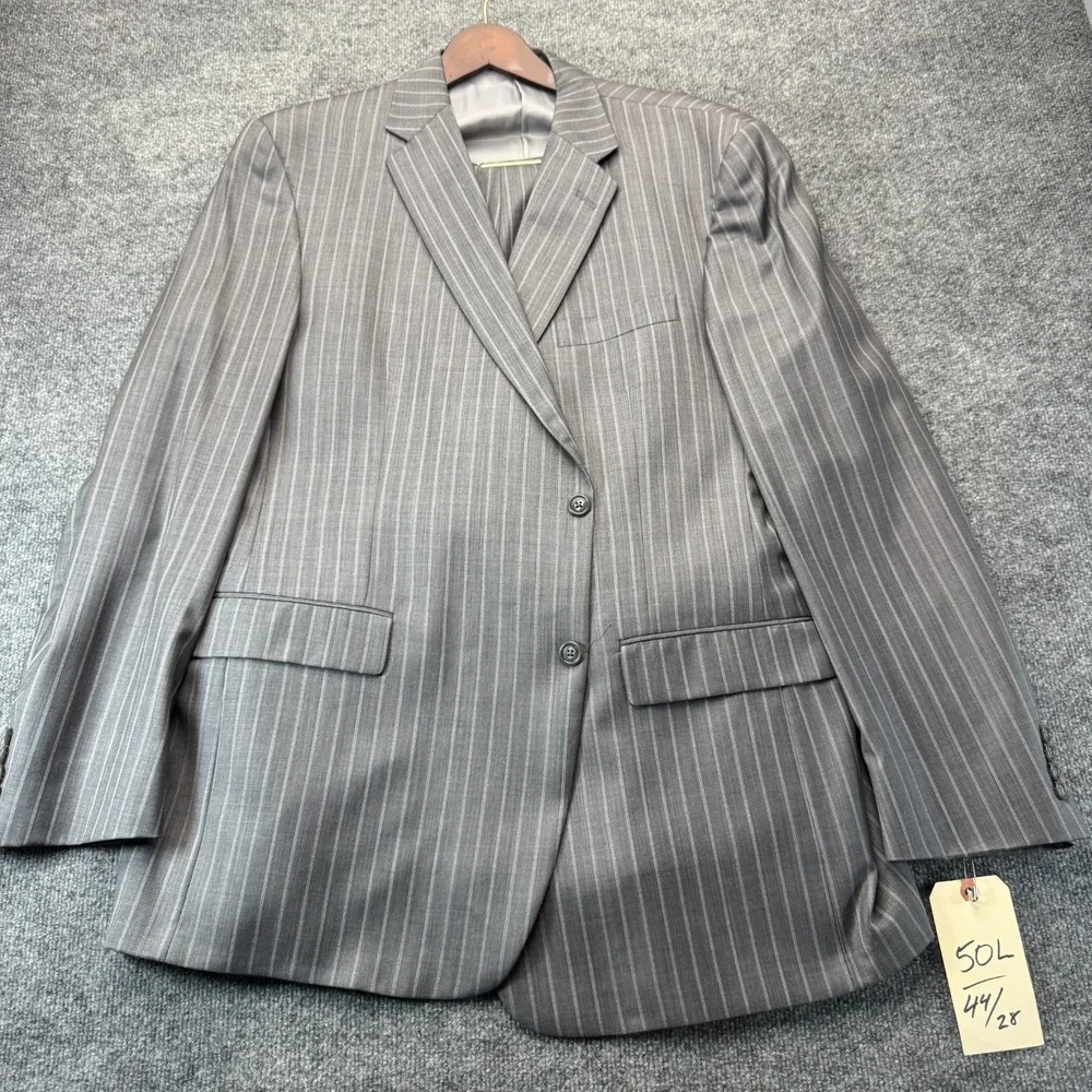 Hart Schaffner Marx Men's 2pc Suit Gray Pinstripe 50L Pleated Pants 44x28 USA